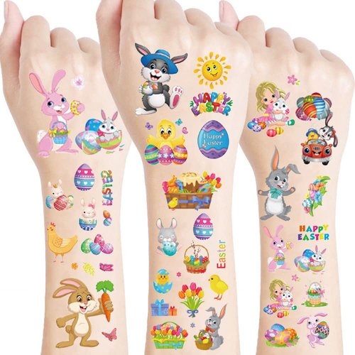 Easter Temporary Tattoos for Kids 10 Sheets Bunny Easter Egg Chicks Cartoon Design Tattoos Stickers Waterproof Fake Tattoos for Easter Day Party Favor Supplies Accessories