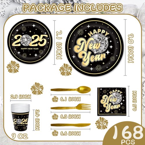 YQUQWN 168 PCS New Year Disco Tableware Set 2025 New Years Eve Party Supplies 2025 Disposable New Year Disco Plates Napkins Cups Spoons Forks and Knives Set 2025 NYE Decorations Serves 24
