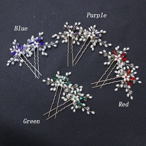 Brihasory Bridal Hair Pin Wedding Hair Accessories for Women Bride To Be Gifts Handmade Pearls Emerald Green Purple Rhinestone Gold Hair Clip 2PCS Banquet Prom Hair Accessory for Curly Girls (Purple)