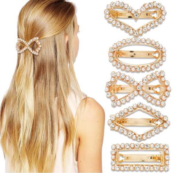 5Pcs Wedding Hair Clips Rhinestones Pearl Golden Metal Hair Barrettes with Spring Snap Clip for Bride Women Girls Valentine's Day Party Headwear Accessories