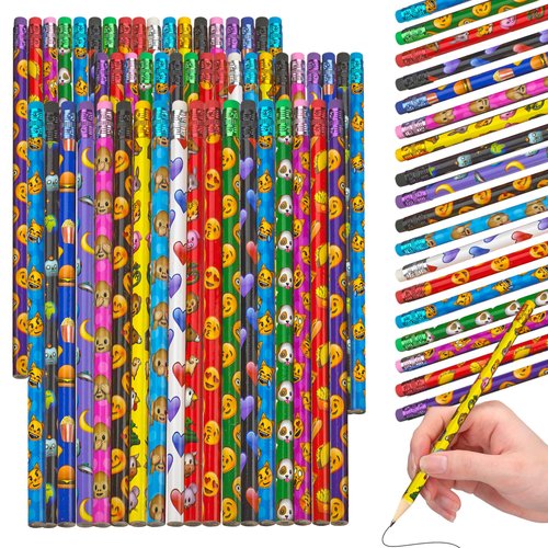 Playbees Emoticon Pencils - 72 Pack - Fun & Vibrant Writing Tools with Erasers - Assorted Emote Designs for Birthday Parties, Teacher's Classroom Prizes