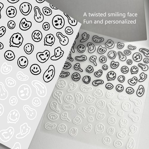 ICSTM Nail Stickers for Women,Fun Nail Art Stickers,Nail Decals 3D Self-Adhesive Fashion Trend Charm,Twisted Smiling Face Nail Design,Nail DIY Decoration for Women and Girls (Black+White 1pack)