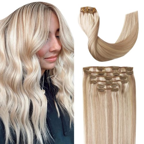 Sindra Clip in Hair Extensions Real Human Hair 18Inch Highlighted Bleach Blonde Ash Blonde Hair Extensions Real Human Hair Clip ins Remy Straight For Woman 120G 6Pcs(clip#18P613 18inch)