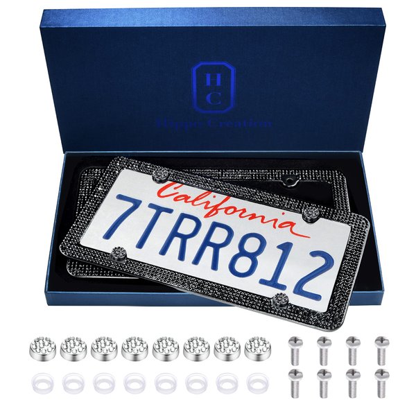 HC Luxury Handcrafted Bling Black Rhinestone Premium 4-Hole Stainless Steel 2 Pack License Plate Frame with Gift Box | 1000+ pcs Finest 14 Facets SS20 Black Rhinestone Crystal | Anti-Theft Screw Cap