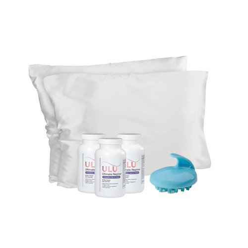ULULIFE Hair Restoration Kit For Hair Loss & Thinning Hair. Hair Skin Nails Supplement, 2 Satin Pillowcases & Scalp Massager. Clinically Proven Ingredients. 3 Months Supply