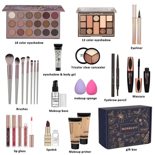 All in One Makeup Set for Women Full Kit Includes 18 Colors Eyeshadow Palette Foundation Face Primer Eyeliner Lipgloss Makeup Brushes Mascara Eyebrow Pencil Concealer Gift Set for Women Girls or Teen