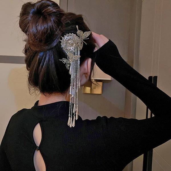 Jumwrit Flower Hair Stick Butterfly Hair Chopsticks Silver Tassel Hair Pin Chinese Hair Stick Flower Hair Styling Accessories for Women Girls