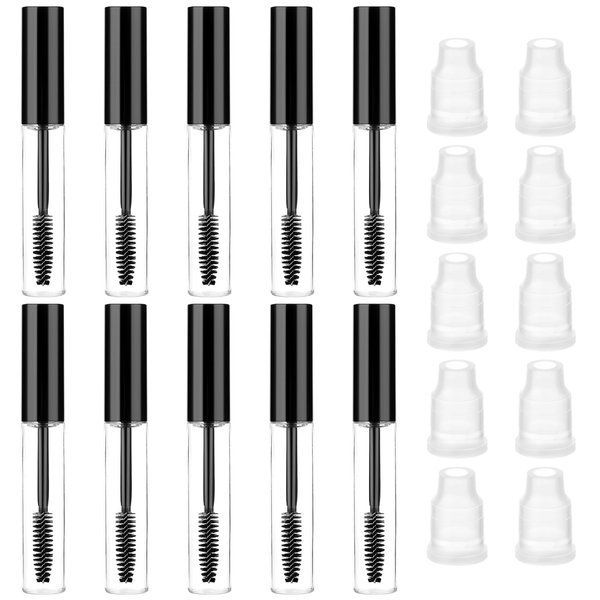 Mabor 10Pcs 10ml Empty Mascara Tube and Wand Empty Eyelash Serum Tube Mini Eyelash Bottle with Brush Refillable Clear Mascara Containers Empty for Castor Oil with Leak Stoppers