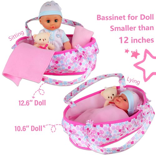 Baby Doll Cradle Bassinet Portable Doll Carrier Carry Bag Doll Bed,Baby Doll Accessories Playset,with Doll Clothes Soft Pillow Quilt Blanket Plush Bear,for 8-9-10-11-12 Inch Smaller Alive Baby Doll