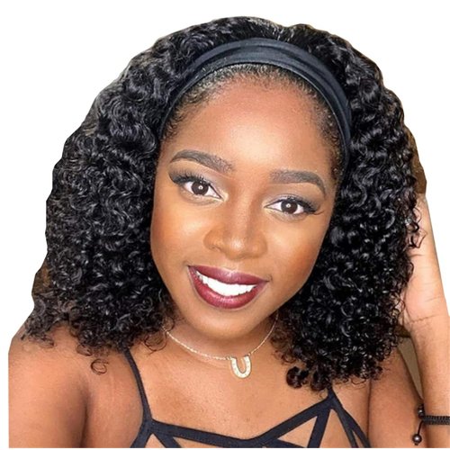 OYSRONG Shoulder-length Black Color Twist Crochet Wavy Headband Afro Wig With Black Headband Attached Black Color Wavy Wrap Wigs With Turban Head-wrap Afro Wig