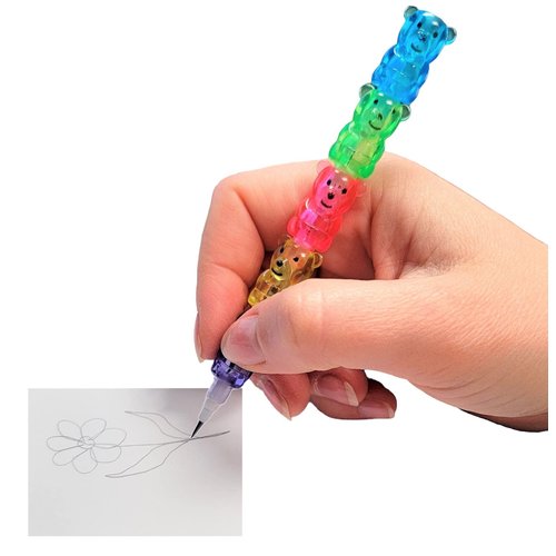 Zugar Land Colorful Transparent Stackable Bear Shaped Pencils (5") Fine Point Already Sharpened Ready to Use! 5 Parts and 5 Colors Each! Plastic. Party Favor, School Supplies (24)
