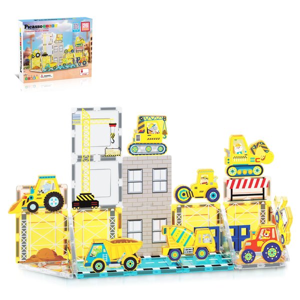 PicassoTiles Magnet Tile Building Blocks Printed Construction Themed Toy Set with 8 Character Action Figure Vehicles Magnetic Tiles STEM Brain Development Learning Toys for Toddlers Kids Ages 3+ PTQ21