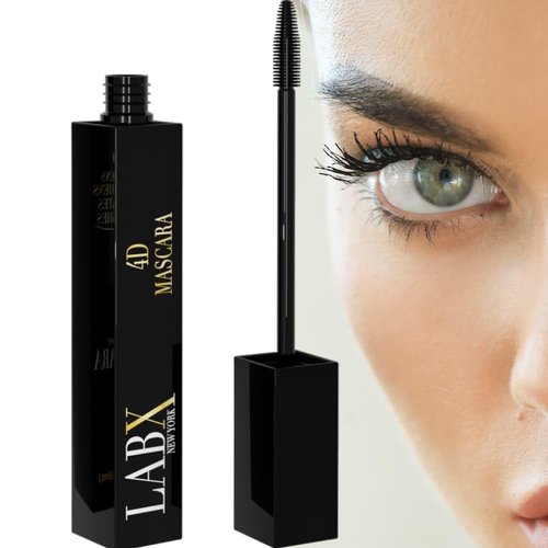 LABX NEW YORK Advanced 4D Eyelash Mascara - False Eyelash Effect Lengthening Mascara, For Longer & Thicker Lashes - Silk Fiber Volume Mascara, Waterproof Lash Lengthening Mascara - Carbon Black, 8 mL.