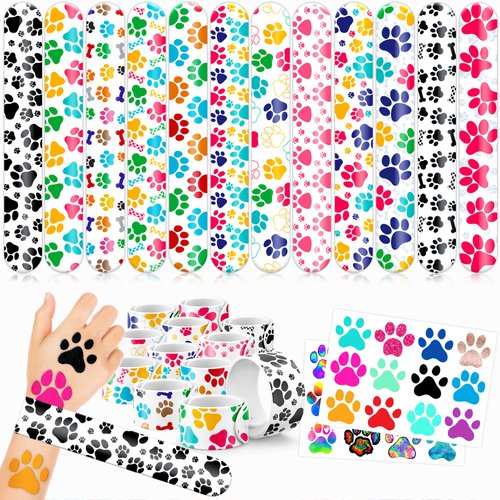 Generic 48PCS Paw Print Dog Cat Party Favors 24PCS Tattoos 24PCS Slap Bracelets Wristbands Themed Birthdays Party Supplies Decorations Pattern Girls Boys Gifts School Classroom Prize Carnival Reward