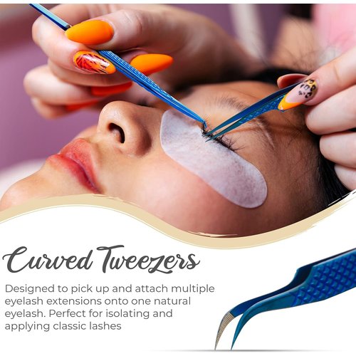 Lash Extension Tweezer, Eyelash Tweezers for Extensions, Precision, Lashing Tweezers 3PC Set, L-Shaped Boot Volume Dolphin Isolation (Blue)