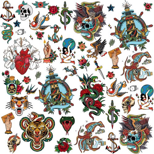 8 Sheets Classic Temporary Tattoos - American Retro Tattoos Small Tattoos Old School Vintage Fake Tattoo American Traditional Waterproof Realistic Tattoos for Adults