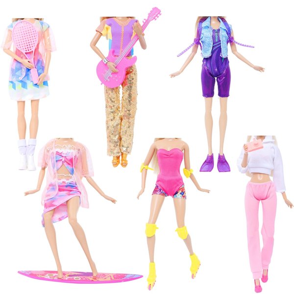 6 Sets 11.5 inch Doll Clothes and Accessories, Sports Outfit Sequin Tops Pants Singer Set Tennis Dress and Racket Diving Suit Set Swimsuit Surfboard Roller Skate Protective Clothing for Girl Doll