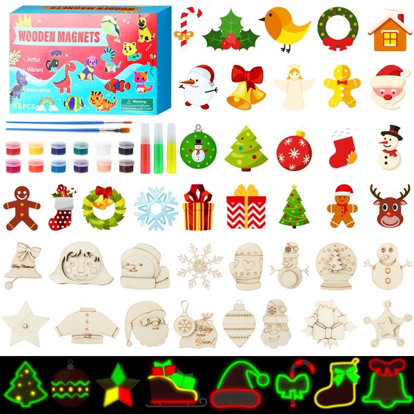 Relaxweex 48 Pcs DIY Wooden Christmas Magnets Wooden Craft Supplies Painting Kit Paint Your Own Xmas Wooden Magnets Craft for Christmas Activities Gifts Party Favors(Classic)