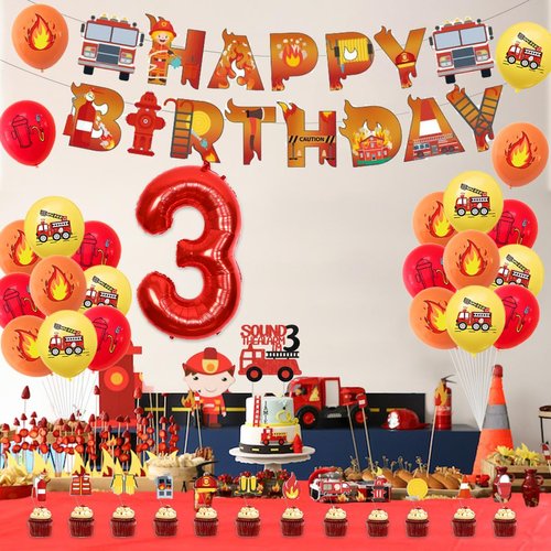 Fire Truck 3rd Birthday Decorations, Firemen Firefighter Party Supplies with Sound the Alarm I’m 3 Cake Topper, Happy Birthday Banner, Fire Truck Balloons, Tablecloth, Fire Engine Decor Boy
