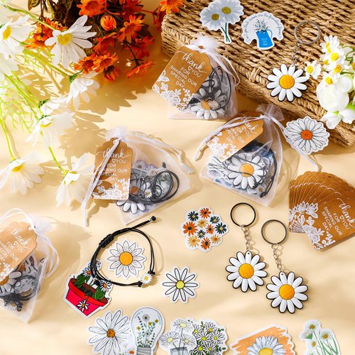 Tuanse 130 Pcs Daisy Party Favors Including Daisy Keychains Adjustable Daisy Bracelets PVC Daisy Stickers Thank You Kraft Tags Organza Bags for Birthday Spring Party Wedding School Reward