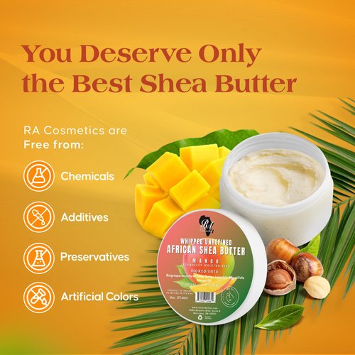 RA COSMETICS 100% African Shea Butter - Mango Scented, Anti-Aging Moisturizer, 6 Ounce