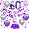 Purple 60th Birthday Decorations Purple Silver Sixty & Fabulous Happy 60th Birthday Banner Latex Balloons Number 60 Foil Balloon Table Confetti Decor for Women 60th Birthday Anniversary Party Supplies