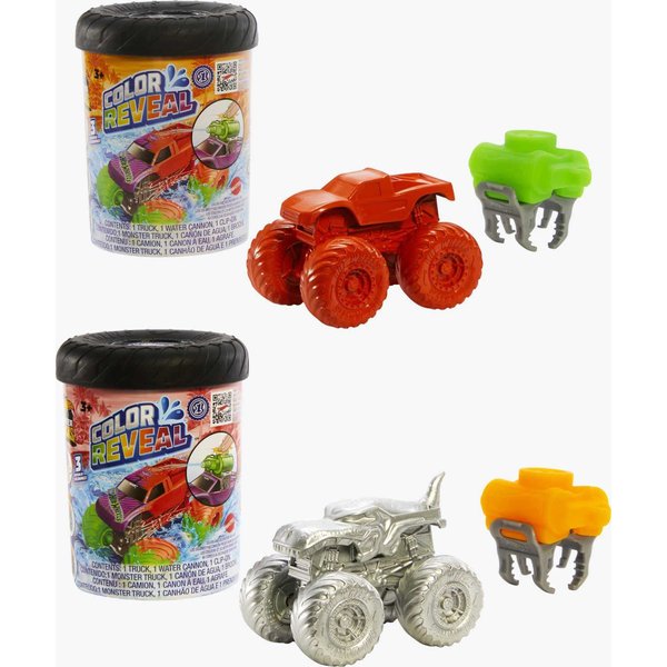 Hot Wheels Monster Trucks Color Reveal 2-Pack & Clip-On Water Tank, 2 Toy Trucks with Surprise Reveals (Styles May Vary)