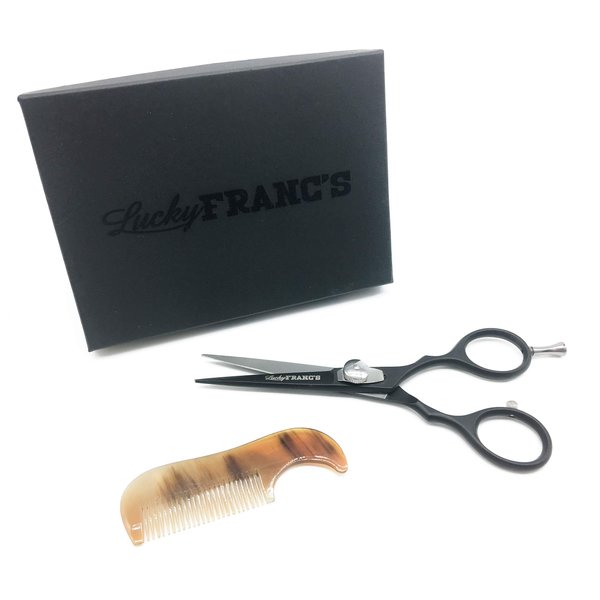 Lucky Franc's Beard Trimming Kit with Japanese Beard Scissors & Ox Horn Handmade Mini Beard Combs for Men - Mustache Trimmer Kit with Mustache Hair Scissors and Comb for Men - Handmade Beard Care Kit