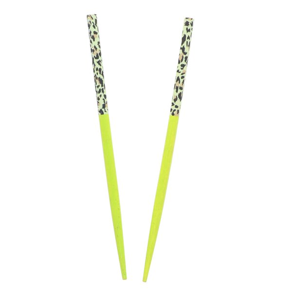 Two 7.25 Long Wooden Animal Print Hair Sticks for Women - Green