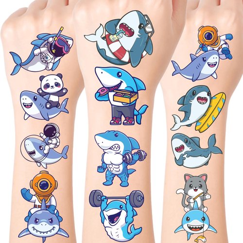77 PCS Cute Shark Temporary Tattoos for Party Supplies, Cute Sea Shark Tattoo Stickers for Birthday Parties, Shark Tattoos Party Favor, Waterproof Tattoos. (Blue (77PCS))