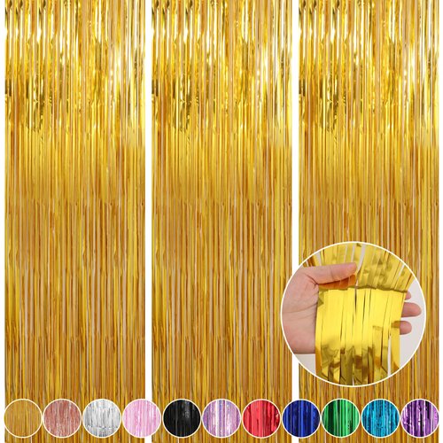 Crosize 3 Pack 3.3 x 9.9 ft Gold Foil Fringe Glitter Curtains Party Decorations, Tinsel Backdrop for Parties, Door Streamers for Birthday, Photo Booth Backdrops, Party Decor