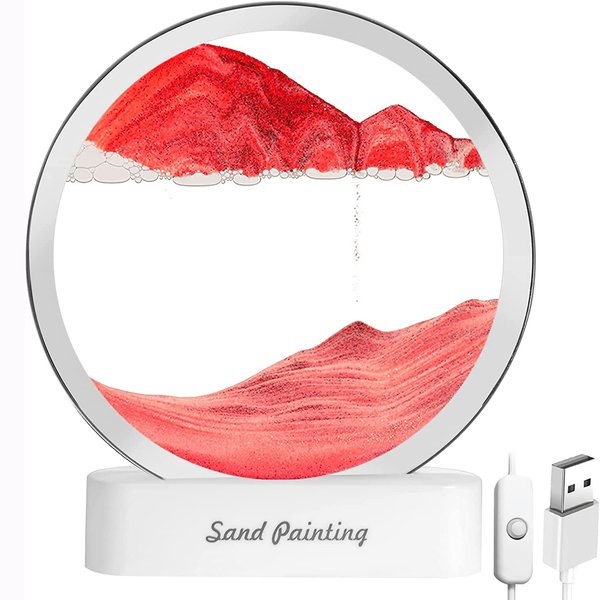 rysnwsu Moving Sand Art Picture w/LED Lights, 3D Round Glass Flowing Sea Sand Scene Frame Relax Gift, Sand Art Liquid Motion for Office & Ocean Decor, Desk Accessories (Red)