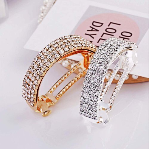 2Pcs Fashion Elegant Rhinestone Hair Clip Ponytail Holder Sparkly Semicircle Metal Spring Hair Clips Barrette Accessories for Women Lady Girl Teen Hair Jewelry,Silver and Gold