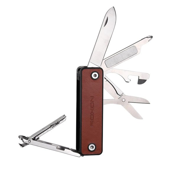 ROXON M4 10 in 1 Mini MultiTool Leather Handle Portable Nail Clipper, Utility Tool, Knife With Safety Lock, Scissors, File, Bottle Opener, Screwdriver, Personal Care Gadgets A Gift for All