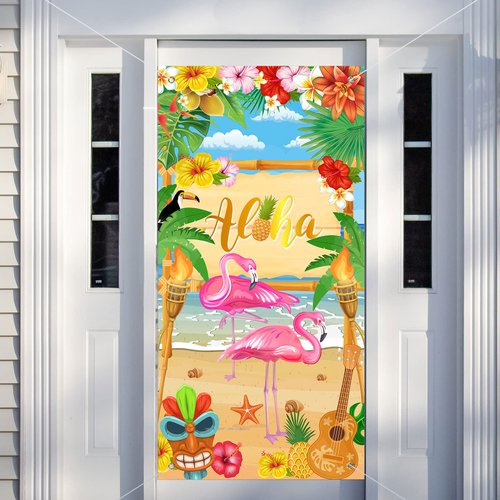 Rtteri Aloha Party Decorations Hawaiian Door Cover Sign Summer Luau Beach Supplies Party Door Banner Tropical Tiki Party Backdrop for Hawaiian Party Yard Birthday Accessory