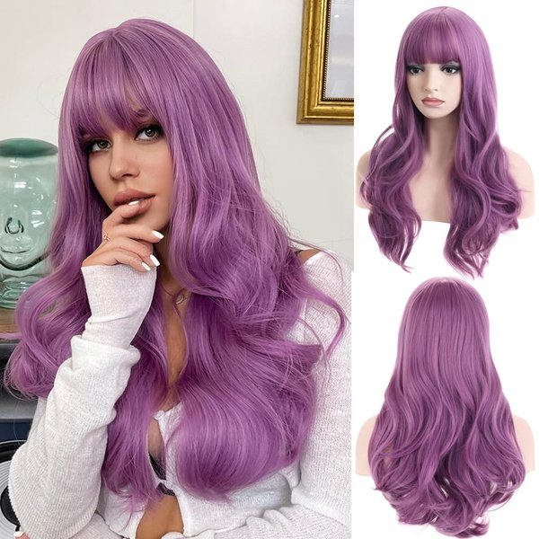 BERON 26 Inches Purple Wig Long Wavy Wig with Bangs Synthetic Wig Long Wig Lavender Purple Wigs for Cosplay Costume Party with Wig Cap