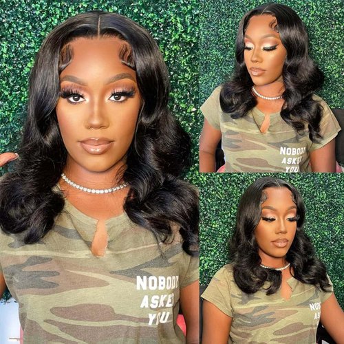 Bob Wig Human Hair Body Wave 13x4 HD Lace Front Glueless Wigs Human Hair Pre Plucked 180 Density 12A Short Wavy Human Hair Wigs for Black Women Natural Black Color 16 Inch
