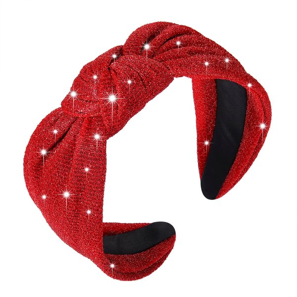 Christmas Headband Knotted Headbands for Women Red Green Sliver Gold Tinsel Top Knot Hairband Statement Wide Turban Hair Hoop Funny Xmas Holiday Party Hair Accessories (Velvet-Red)