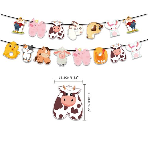 58PCS Farm Animal Birthday Party Supplies Decor Kit with Banner, Cupcake Toppers, Cake Topper & Balloons for Kids Farm Animals Cow Theme Party Decorations