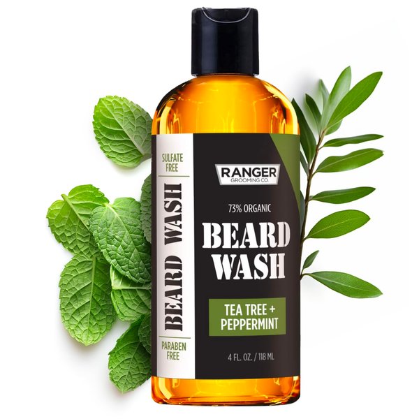 Leven Rose Beard Wash Shampoo by Ranger Grooming Co, Sulfate Free Natural Beard Cleanser & Conditioner for Men, Tea Tree & Peppermint for Growth & Thickening, Paraben Free 4 oz