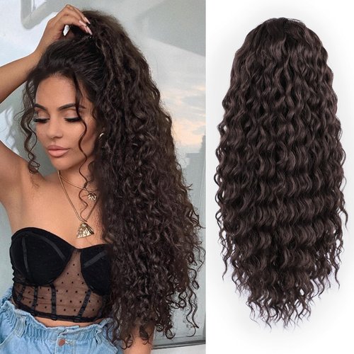 AISI BEAUTY Ponytail Extension Drawstring Ponytail for Black Women Synthetic Dark Brown Long Curly Pony Tails Hair Extensions Clip in Ponytail 24 Inch Hairpiece(6#)