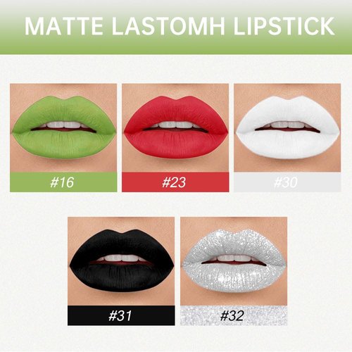 AMY'S DIARY Matte Plum Liquid Lipstick 5Pcs Sets,24-hour Lipstick Green White Black Silver Red Lip Stain 24 Smudge Waterproof for Women (Set07)