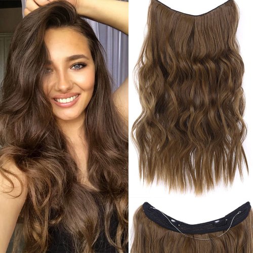 ELIO Halo Hair Extensions Thick Invisible Wire Hair Extension with Transparent Headband 4 Types Adjustable Headwidth Size Wavy Curly Long 20Inches Hairpiece for Women Girls Fish Line Secret Hairpieces with 2 Pcs Removable Secure Clips 140g(4.9oz) (Chestnu