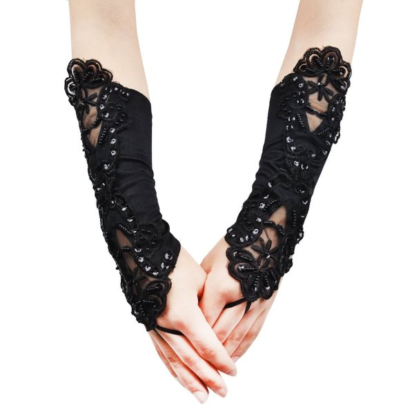 JISEN Women Banquet Party Fingerless Elegant Lace Embroidered Bridal Gloves 11 Inch Black