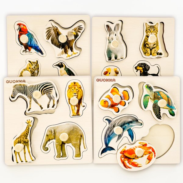 QUOKKA Wooden Puzzles for Toddlers 1-3 – 4 Set Pegged Puzzles for Kids Ages 2-4 – Animal and Birds Learning Toy for Kids – Gift Realistic Educational Game for Boy and Girl