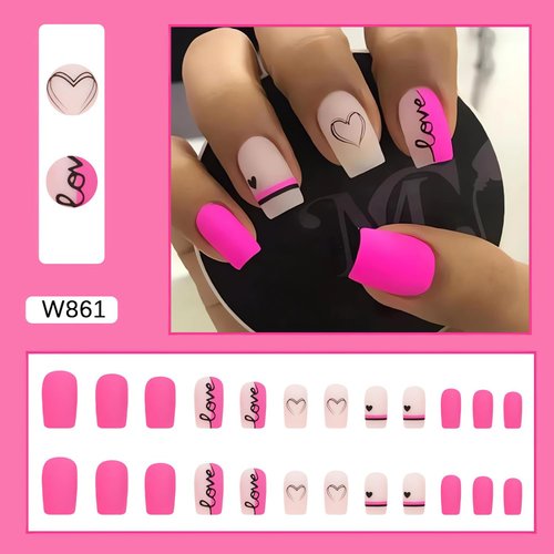 LPOODDNU Valentines Press on Nails Medium Length Fake Nails Cute Heart Glue on Nails Valentine’s Day Nail Art Decorations Square Shape Pink Stick on Nails for Women Finger Manicure, 24Pcs