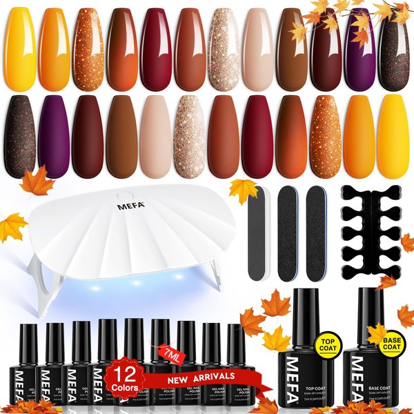 MEFA 19 Pcs Gel Nail Polish Kit with U V Light, 12 Colors Fall Gel Nail Polish Set Burgundy Red Champagne Gold Purple Glitter Gel Soak Off Manicure Tools Beginners Salon Art Nails Art DIY for Women
