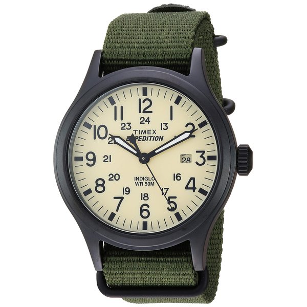 Timex Men's Expedition Scout 40mm Watch – Black Case Cream Dial with Green Fabric Strap
