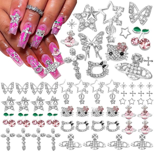 52PCS 3D Nail Charms and Gems Y2K Silver Butterfly Cross Star Planet Cherries Nail Charms for Acrylic Chrome Nails Design Kawaii Nail Jewels for Nail Art