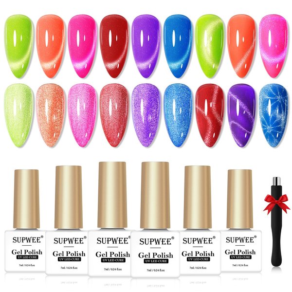 SUPWEE Neon Cat Eye Gel Nail Polish, 6 Colors Magnetic Gel Nail Polish Summer Colors Green Yellow Hot Pink Gel Nail Polish with Magnetic Soak Off UV Lamp Perfect for Nail Art & DIY Manicures at Home